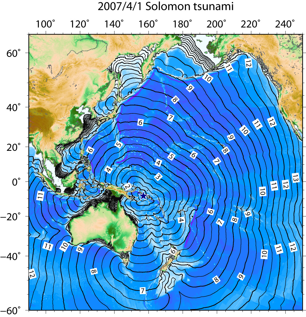 Fig.1 Tsunami travel times (wide area)